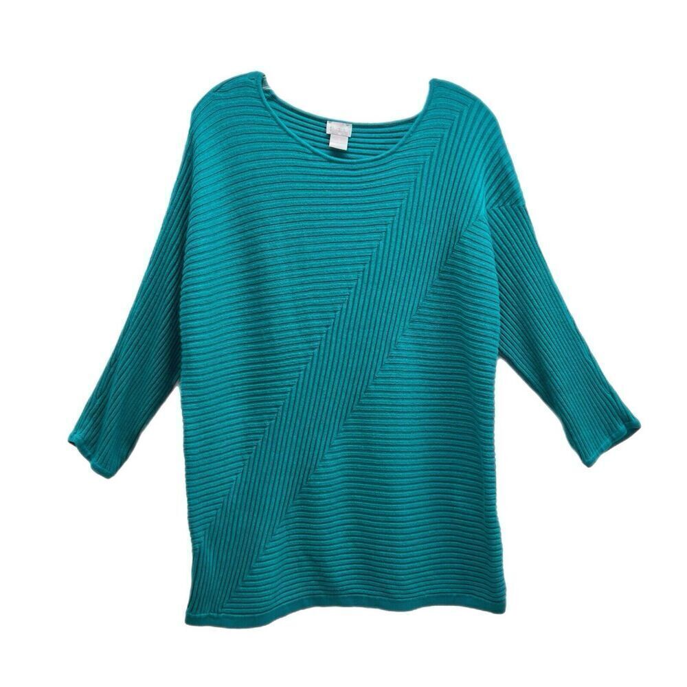 Chico's 2 Women's Ribbed Knit 3/4 Dolman Sleeve Pullover Sweater Size L Teal